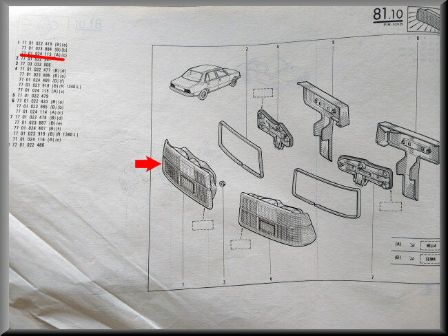 Feu arrière complet gauche (Hella) – Renault 18 – OEM 7701024113 – NOS
