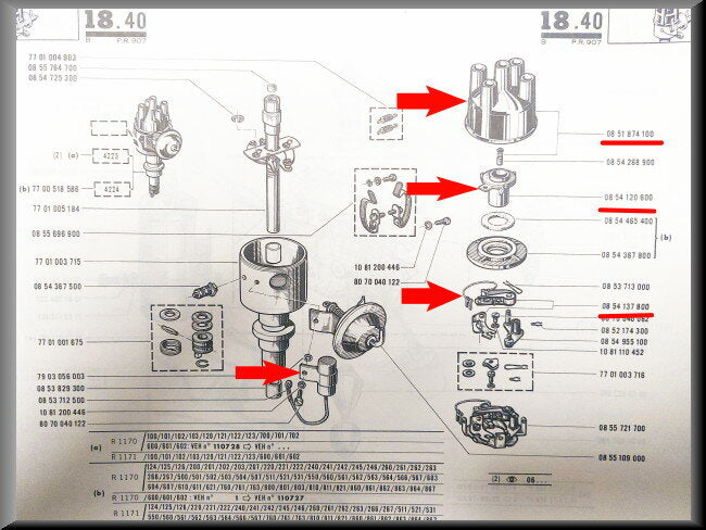 Tête d'allumeur Rotor rupteur Condensateur allumage Ducellier – Renault 12 – OEM 0854120600 / 0851874100 / 0854137800 / 0853712500
