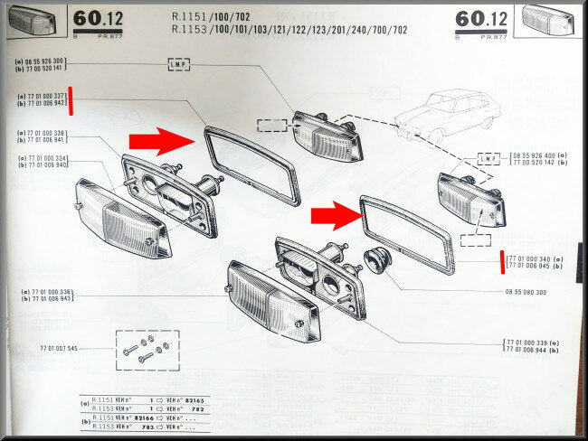 Caoutchoucs pour clignotants avant – Renault 16 TL, TS, L – OEM 77010058570 / 7701006945 / 7701005871 / 7701006942