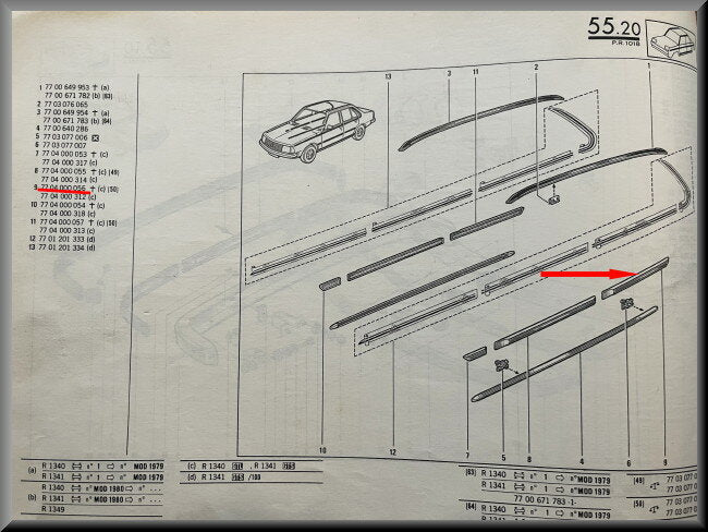 Baguette décorative porte arrière gauche – Renault 18 – OEM 7704000056 – NOS