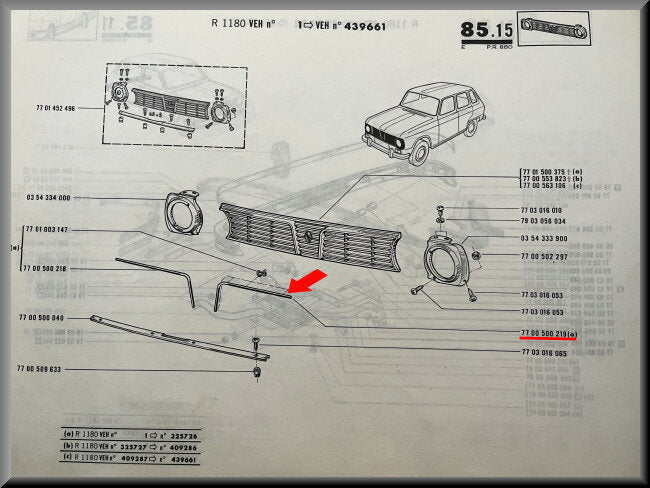 Baguette décorative calandre gauche – Renault 6 – OEM 7700500219 – NOS