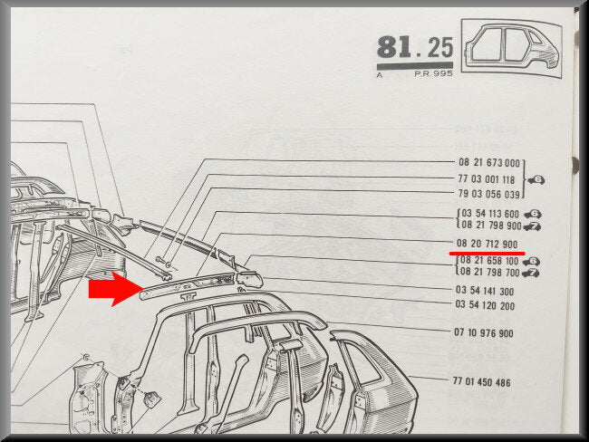 Poutre de pavillon côté gauche – Renault 16 – OEM 0820712900