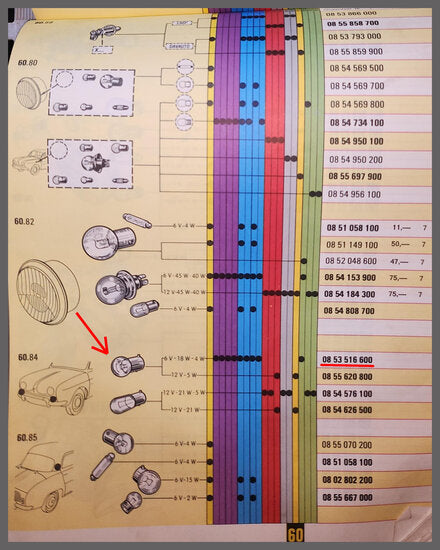 Bulb, various functions (6 VOLT 40/45 Watt BA 20 D) – Renault 16 – OEM 0852048600 – NOS