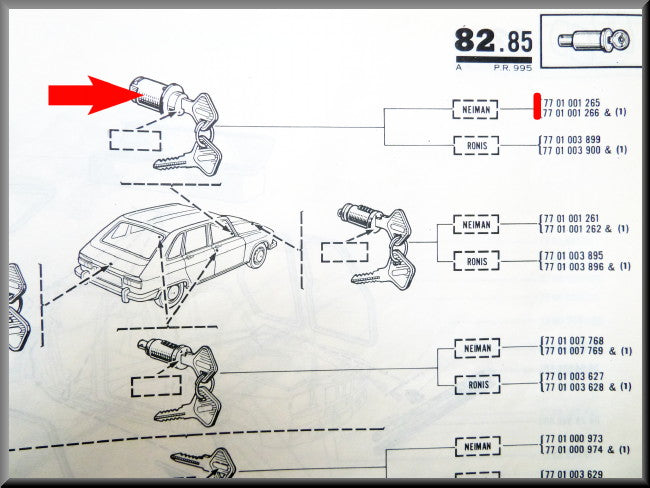 Serrure avec verrouillage centralisé (2 clés) – Renault 16 TX (1973 - 1980) – OEM 7701001265