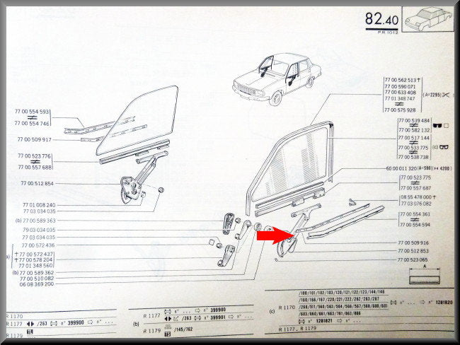 Metaal strip voor portierruit rubber voorzijde links – Renault 12 – OEM 7700509916