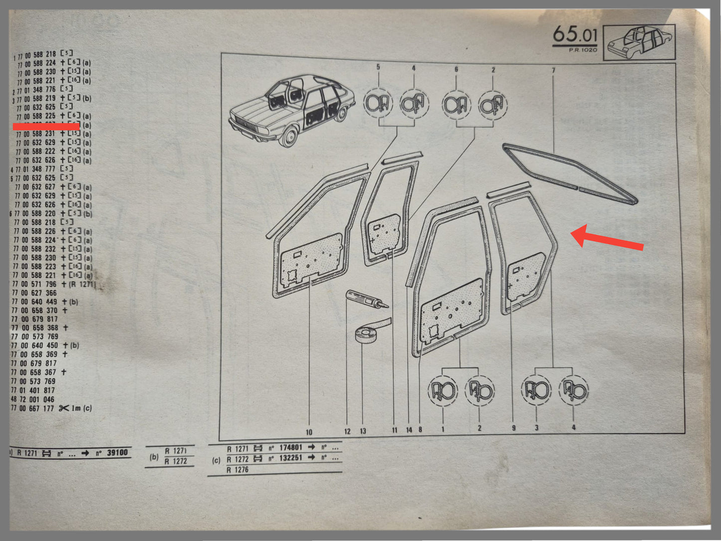 Deurrubber achterzijde links - Renault 20 - Renault 30 - OEM 7700632625.
