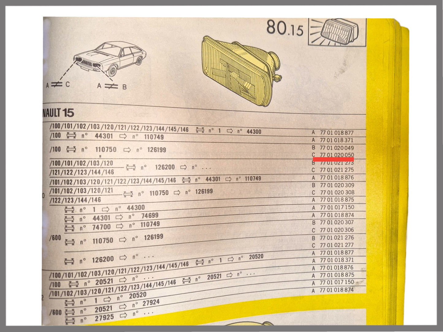 Phare Bilux Kangeroo (jaune) droit – Renault 15 – OEM 7701020050