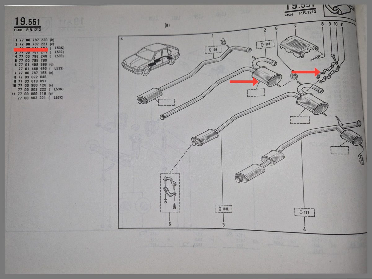 Exhaust pipe and silencer with brackets - Renault 19 - OEM 7700787221 and 7700800119 and 7700800120