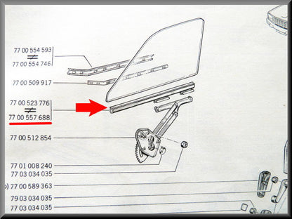 Profilé de vitre avant droit – Renault 12 – OEM 7700557688