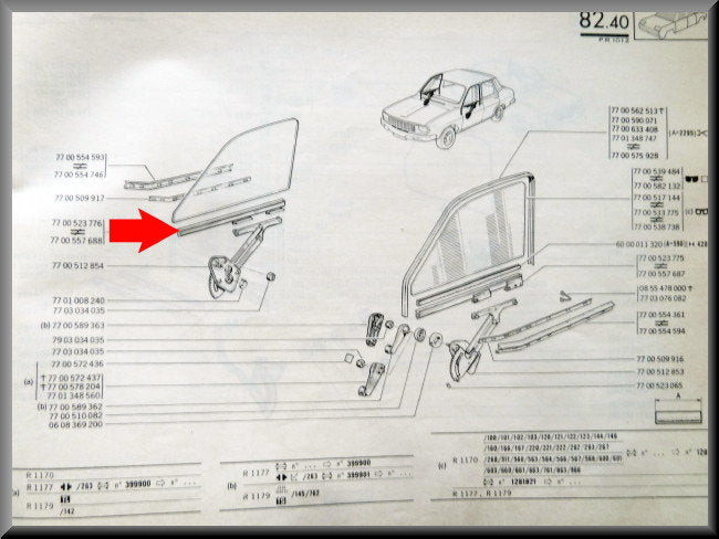 Profilé de vitre avant droit – Renault 12 – OEM 7700557688