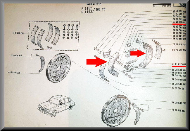 Brake Shoes (Girling system) – Renault 16 TL, L (late types) – OEM 7701017006 / 7701017007