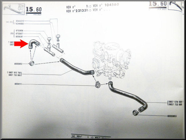 Carburetor cooling hose - Renault 16 TL, L - OEM 0857733700