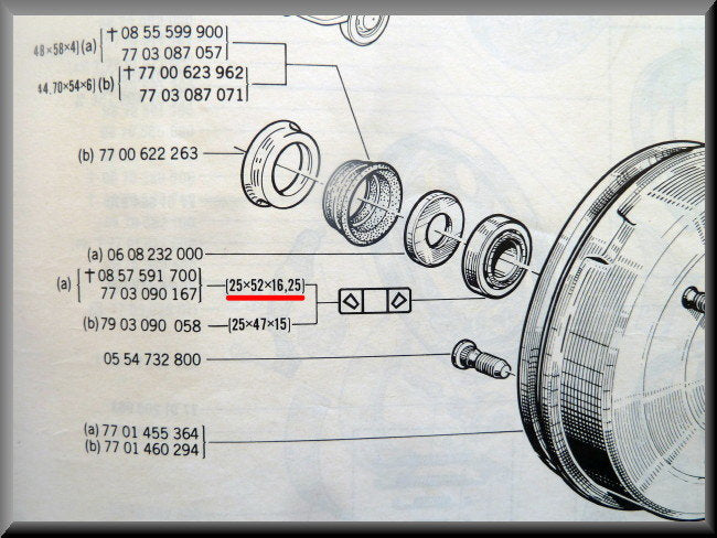 Wheel bearing set for the rear axle (25x52x16.25 inner dimension 20x47x15.25 outer dimension) – Renault 16 (1968-1977) – OEM 7703090167 / 7700502547