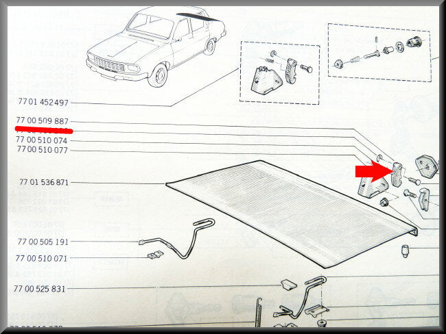 Crochet supérieur serrure de hayon blanc – Renault 12 – OEM 7700509887