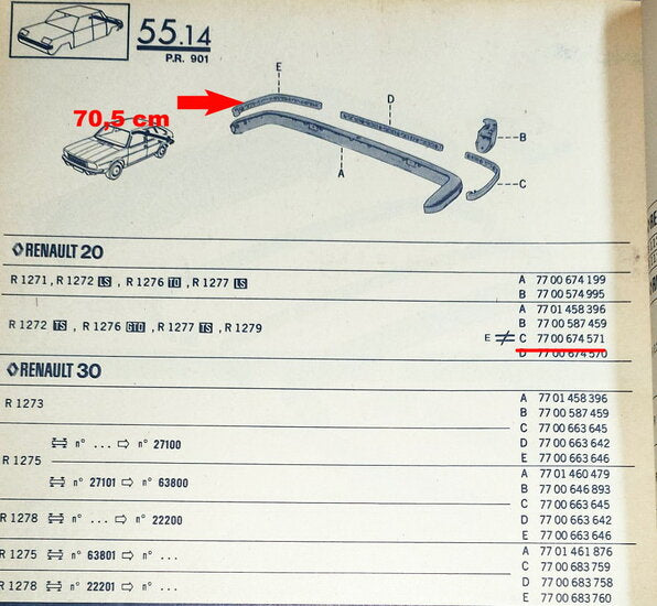 Bandeau de pare-chocs arrière gauche et droit 70,5 cm – Renault 20 - Renault 30 – OEM 7700674571 – NOS