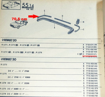 Bandeau de pare-chocs arrière gauche et droit 70,5 cm – Renault 20 - Renault 30 – OEM 7700674571 – NOS