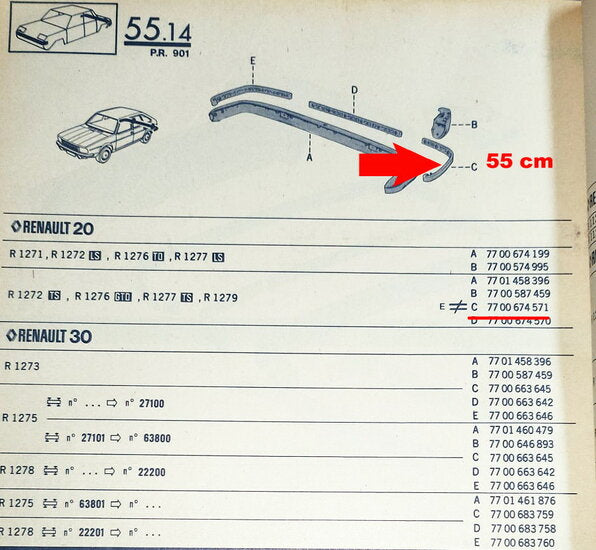 Bumperstrip achter links 55 cm  – Renault 20 - Renault 30 – OEM    7700621115 en 7700674573 – NOS