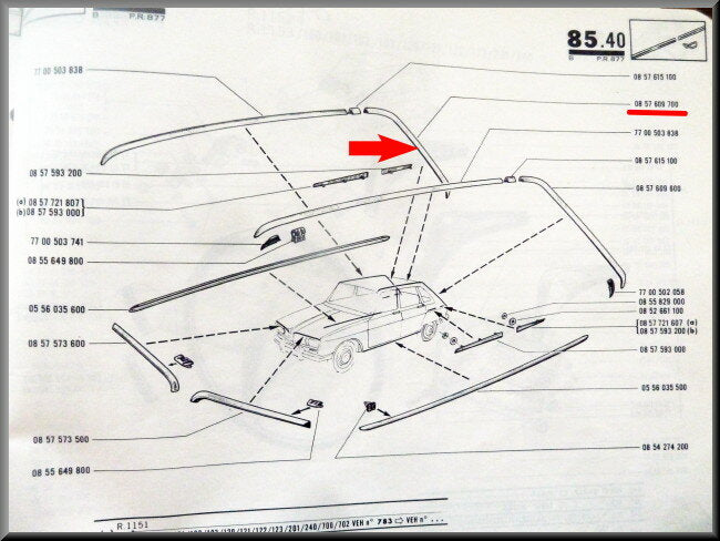 Baguette décorative de toit arrière droite – Renault 16 type 1 – OEM 0857609700