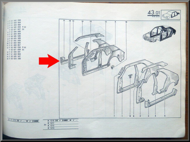 Longeron avant droit avec parties du montant A – Renault 14 – OEM 7701459867 – NOS