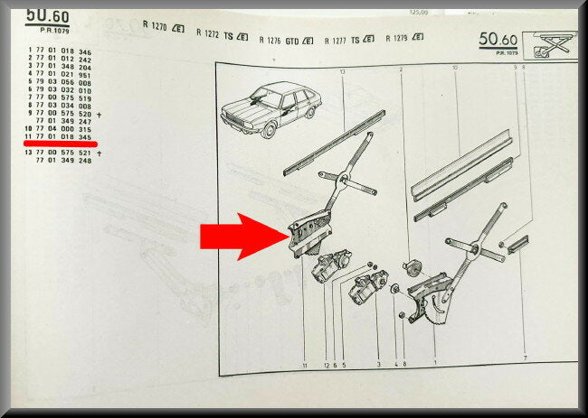 Window mechanism front right with motor – Renault 20 – Renault 30 – OEM 7701018345 / 7701348174 – NOS