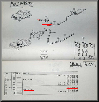 Uitlaatpijp met demper en kwart lengte pijp – Renault 6 – OEM 7700588500 / 7700581748 (kwart lengte) – NOS