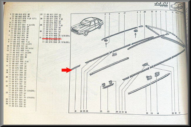 Sierstrip voorzijde rechts  – Renault 20 - Renault 30 – OEM 7700611229 – NOS