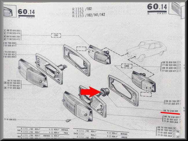 Indicator light holder (rubber) – Renault 16 L, TL, TS – OEM 7701017115 / 7701016997 / 0870238900