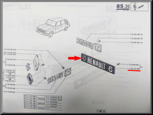 Embleem (Metaal) – Renault 6 – OEM 7700570618 / 7700560618 – NOS