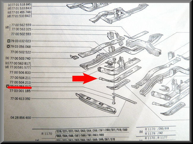 Bodembalk rechts  – Renault 12 – OEM 7700504213 – NOS