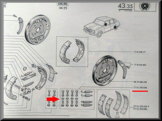 Kit de montage patins de frein arrière – Renault 16 – OEM 7701200836