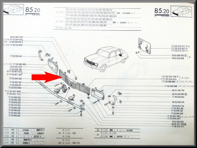 Calandre centrale – Renault 16 TL + TS >1976 – OEM 7700585860 – Occasion