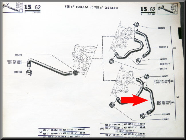 Carburettor coolant hose – Renault 16 L (1150) – OEM 0857728000