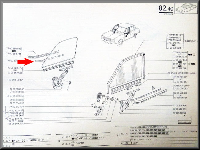 Metaal strip portierruit rubber voorzijde rechts voor – Renault 12 – OEM 7700509917