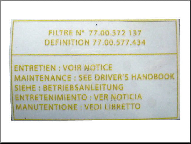 Transparent sticker for the air filter – Renault 16 TX